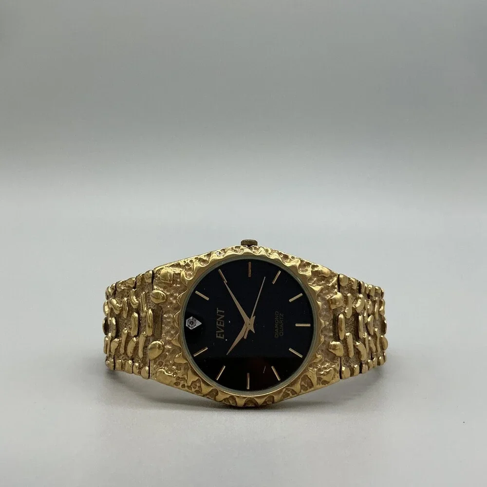 Vtg Event Diamond Men Watch 32mm Nugget Texture Band Gold Tone New Battery 7.75
